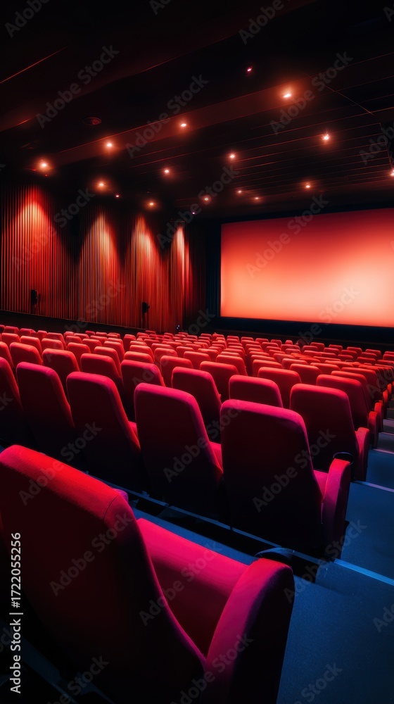 Fototapeta premium Empty cinema hall with red seats and dim lighting, preparing for a movie screening in a modern theater