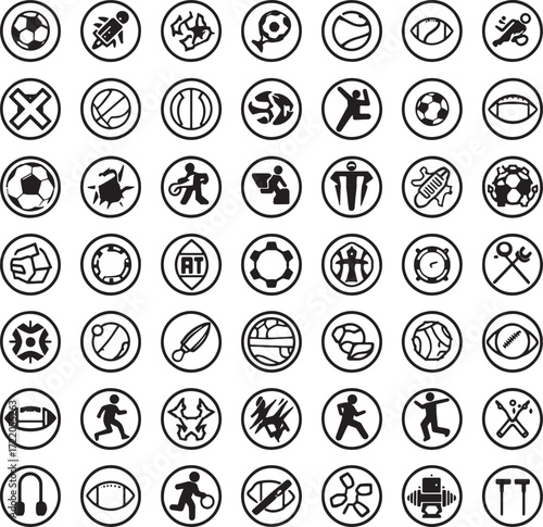 Extensive Grid of Circular Icons Representing Sports and Activities in Black and White Keywords: sports, icons, symbols, activities, equipment, athletes, grid, circular, black and white, soccer