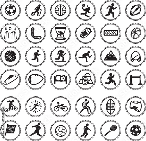 Grid of Circular Icons Featuring Various Sports Equipment and Athletes in Black and White Keywords: sports, icons, symbols, equipment, athletes, activities, grid, circular, black and white, soccer