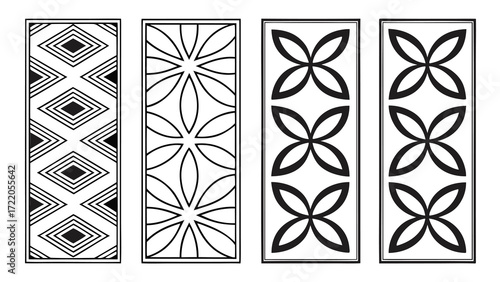 Four vertical pattern designs including diamond flower and four-petal motifs