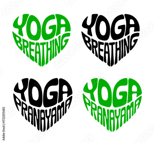 Heart-shaped sticker set featuring "YOGA BREATHING" "YOGA PRANAYAMA" in colorful and black design for healhy breathing practices promotion