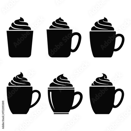 Collection of six silhouette coffee mugs filled with whipped cream delicious beverage