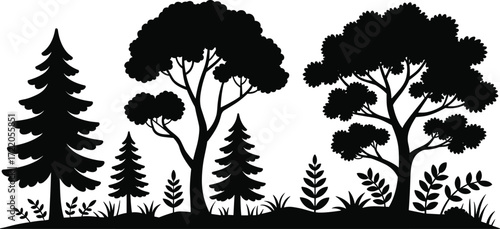 Black silhouette forest landscape, conifer and deciduous trees, natural vegetation, grassy terrain, minimal design, white background, vector illustration, woodland scene