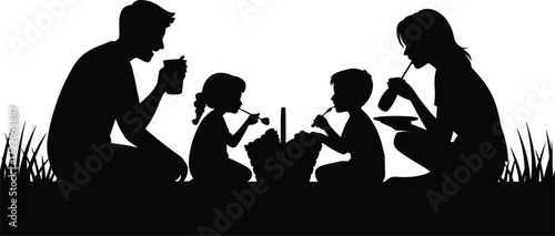 Black silhouette family picnic in nature, parents and children eating, outdoor leisure, minimal design, white background, vector illustration, togetherness moment