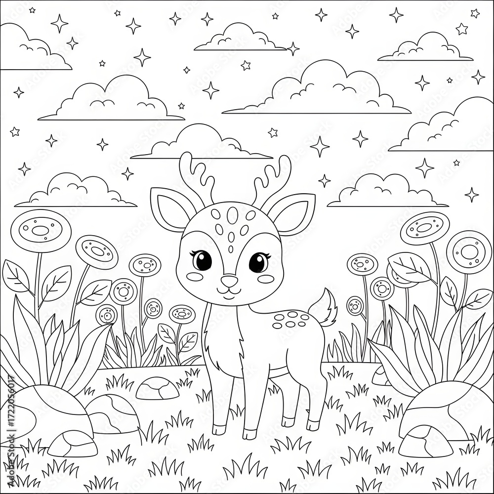 Obraz premium Cute baby deer coloring page. Adorable cartoon animal illustration. Sweet baby deer standing in a field of flowers under a starry night sky with clouds and stars.