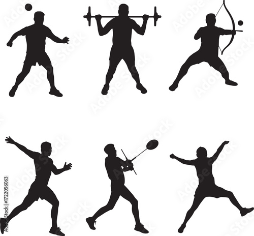 Six black silhouette icons of athletes performing diverse sports actions on a white background Keywords: sports, athletes, silhouettes, action, weightlifting, archery, volleyball, badminton