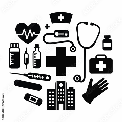 Minimal Healthcare Icons  Heartbeat, Stethoscope, Syringe, Gloves, Hospital, Medicine for Digital Health UI, Infographic, and Clinical Branding
