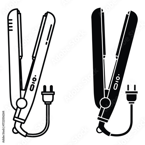 Modern hair straightener icon set outline and silhouette style two views