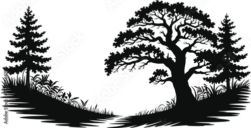 Black silhouette forest landscape, oak and evergreen trees, grassy terrain, nature scene, minimal design, white background, vector illustration, outdoor ecosystem