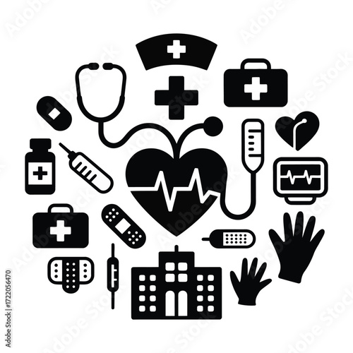 Minimal Healthcare Icons  Heartbeat, Stethoscope, Syringe, Gloves, Hospital, Medicine for Digital Health UI, Infographic, and Clinical Branding