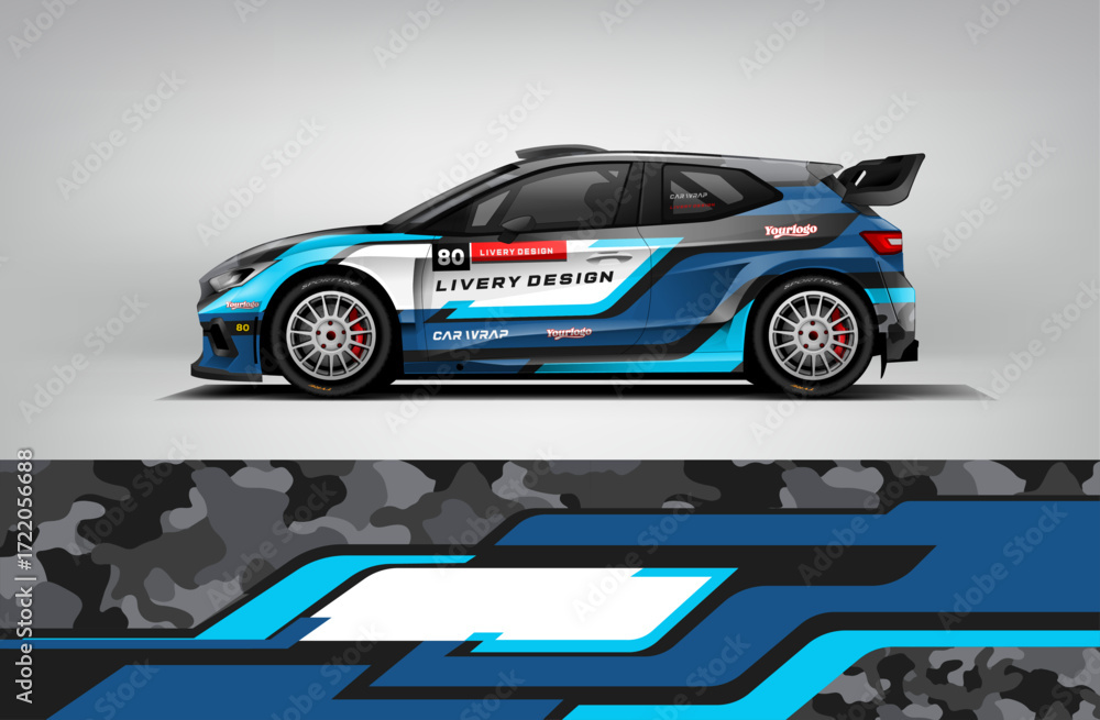 Obraz premium Rally Car Wrap Livery Design With Blue Black Camouflage Racing .Livery Vector EPS Printable File