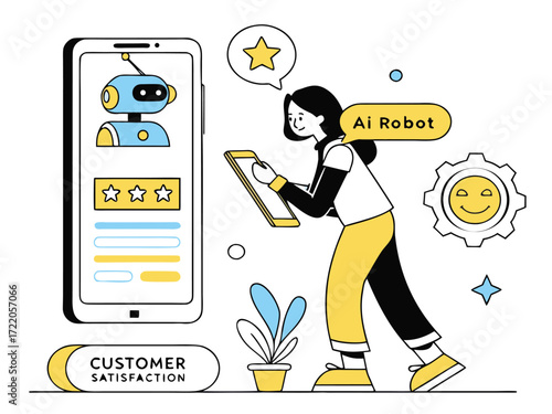 Customer satisfaction with AI robot service through mobile device and personalized support illustration
