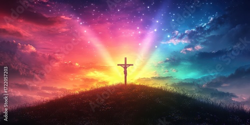 Sunset illumination behind a cross on a hill showcasing a vibrant sky filled with stars and colors