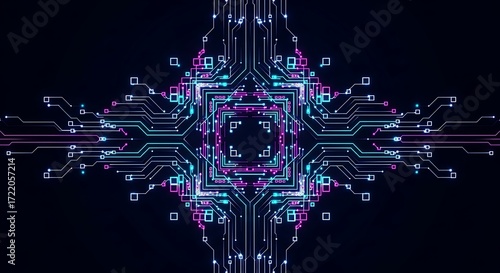 Geometric Digital Abstract Circuit Board Pattern with Neon Light Effects