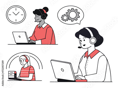 Customer support service agents working remotely illustration showcasing teamwork efficiency and communication in a digital age