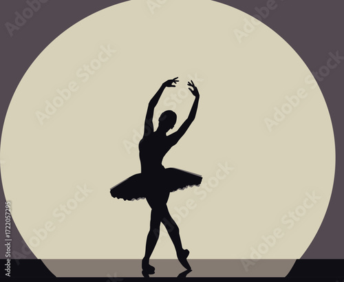 Elegant silhouette of a ballerina in a graceful pose under a spotlight performing a classical ballet dance