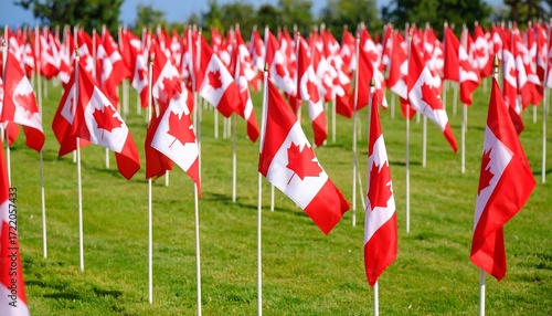 Many small Canadian flags planted in the grass
