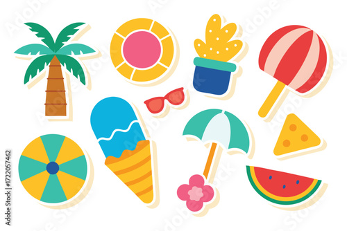 Tropical Beach Sticker Set Isolated on White