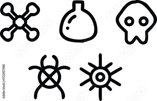 Line Art Symbols Collection Atomic Sign Medicine Bottle Skull Abstract Design Elements Doodle Flat Isolated Vector
