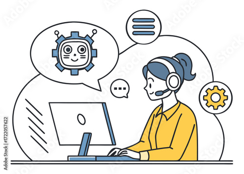 Friendly customer support agent assisting with AI powered chatbot help service and computer assistance illustration