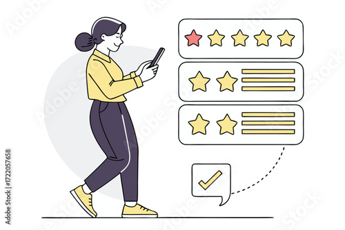 Woman reviews product or service on smartphone providing feedback with star ratings and approval check mark indicating successful user experience