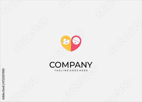 Heart shaped icon with two faces smiling and resting representing love emotion relationship happiness care affection family unity connection peace.