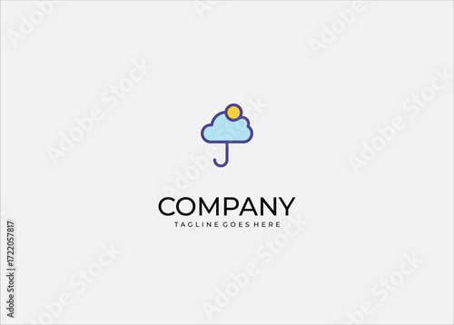 Blue cloud shaped umbrella with small yellow sun representing weather climate protection sunny day forecast safety nature outdoors atmosphere environment.