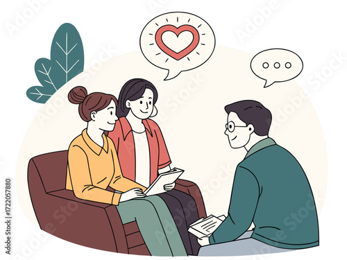 Couple at therapy session discussing love and relationships with a therapist offering guidance and support for emotional wellbeing and communication