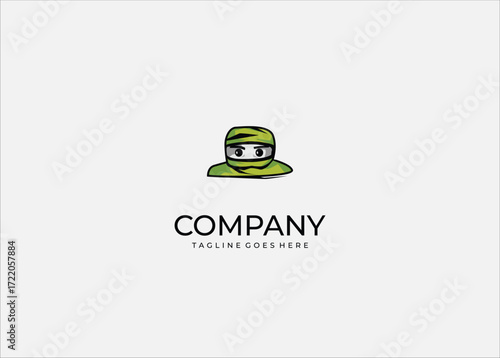 Cartoon ninja warrior face avatar with green hood and mask mysterious fighter character illustration for gaming mascot identity design symbol.