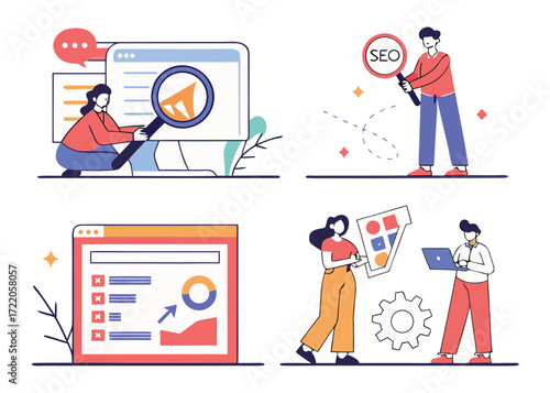Illustrations depicting digital marketing concepts including SEO analysis data visualization collaboration and strategy development for online success