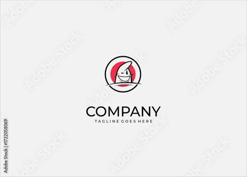 Free Download Cartoon smiling mascot character with mischievous expression inside red circle target minimal flat logo design playful identity branding illustration. - GFXLoad