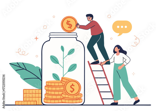Teamwork for financial growth concept with people adding coins to jar for investment and saving money for future prosperity