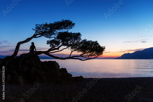 Silhouette of a person under a windswept tree at Brela, Croatia, with stunning Adriatic Sea sunset and tranquil coastal landscape.
