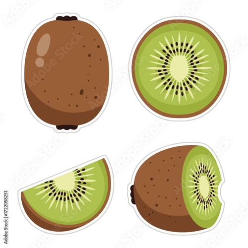 Fresh ripe kiwi fruit whole slice and halved for healthy eating and nutrition
