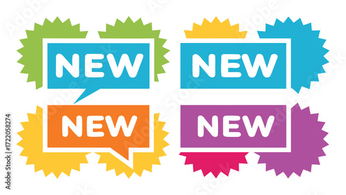 Vibrant new labels collection exciting product promotion modern retail sale announcement
