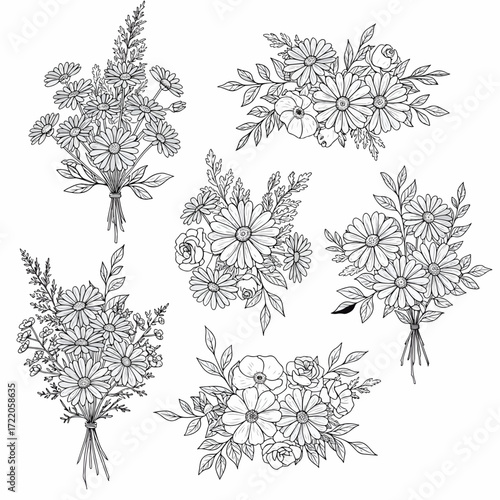 Elegant floral bouquets illustrations for wedding invitations and greeting cards, refined botanical designs, perfect for spring, summer, timeless style for designers