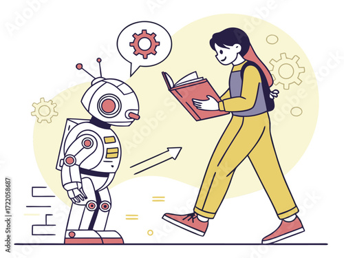 Girl teaching robot with a book showing artificial intelligence education and technological advancement vector illustration