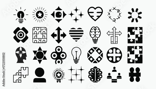 Creative abstract icons set with brain, heart, lightbulb, puzzle, and geometric symbols for innovation, teamwork, problem solving, and design.