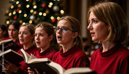 Christmas choir singing in elegant attire with open hymn books  