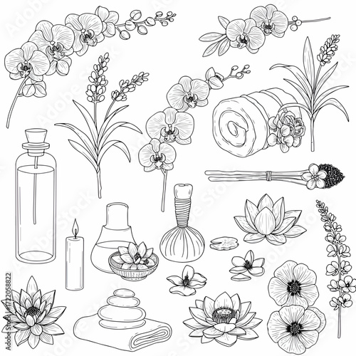 Elegant floral spa collection with orchids, lavender, and lotus blossoms for wellness and relaxation promotion, originally a scalable vector graphic