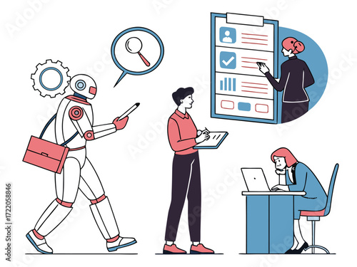 Robot and Human Collaboration in Modern Business Environment Artificial Intelligence Automation Efficiency Teamwork Illustration