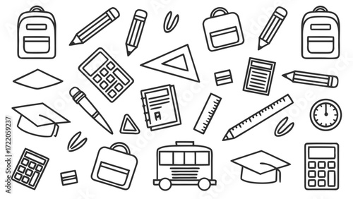 Collection of hand drawn school supplies and backpacks scattered randomly