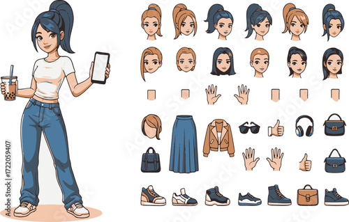 Customizable cartoon girl avatar creator with outfits, hairstyles, accessories, and expressions for character design, animation, and comics.
