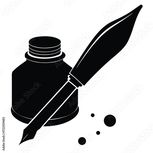 Black silhouette of a fountain pen and ink bottle with ink splatters writing calligraphy