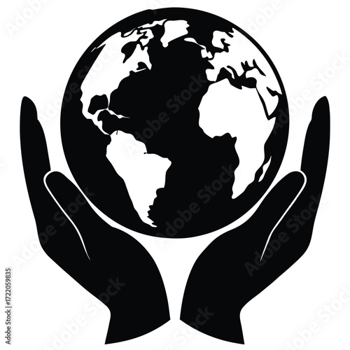 Black Silhouette Of Hands Cupping The Earth On White Background globe holding