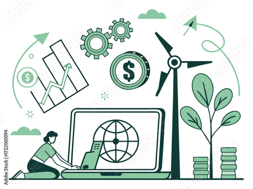 Sustainable Investment and Green Economy Growth Concept with Wind Turbine and Global Connection on Laptop Screen