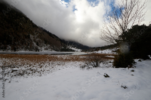 Obraz na płótnie Campo nevado junto a un lago bordeado de vegetación invernal, con laderas boscosas y nubes bajas que cubren las montañas