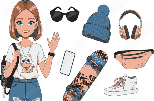 Trendy teen girl character with skateboard, sneakers, headphones, sunglasses, beanie, waist bag, smartphone, casual fashion and street style