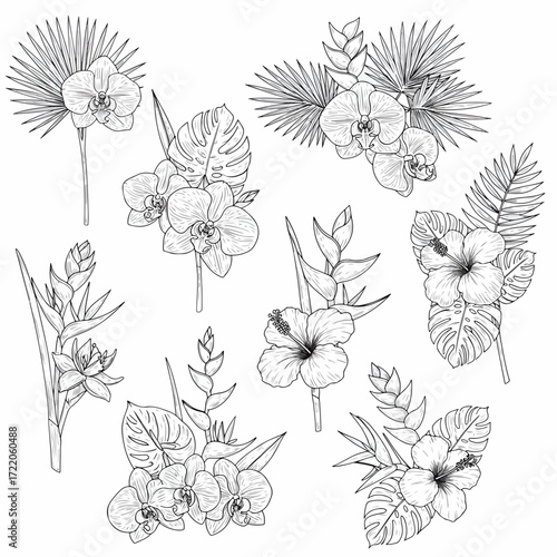 Elegant tropical flower bouquet set for modern wedding invitations or stationery design projects, versatile botanical elements, originally a scalable graphic