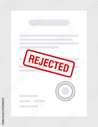 Rejected document stamp template with official red rejection mark on paper file, flat vector illustration for office paperwork, denial, business decision, audit, and legal review design